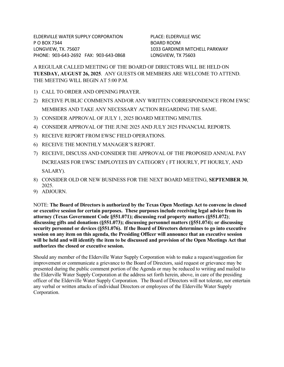 August 26, 2025 Agenda
